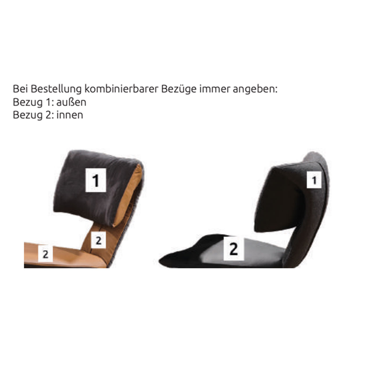 Bestellhinweis zu Bezügen beim Hartmann Stuhl ELLA. Der Stuhl kann variabel innen und außen sowohl mit Stoff als auch mit Leder bezogen werden.