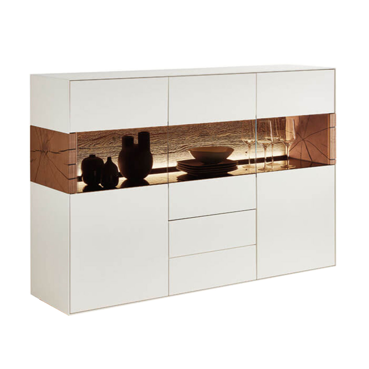 modernes Highboard in Lack weiß mit Glastüren und Holzakzenten