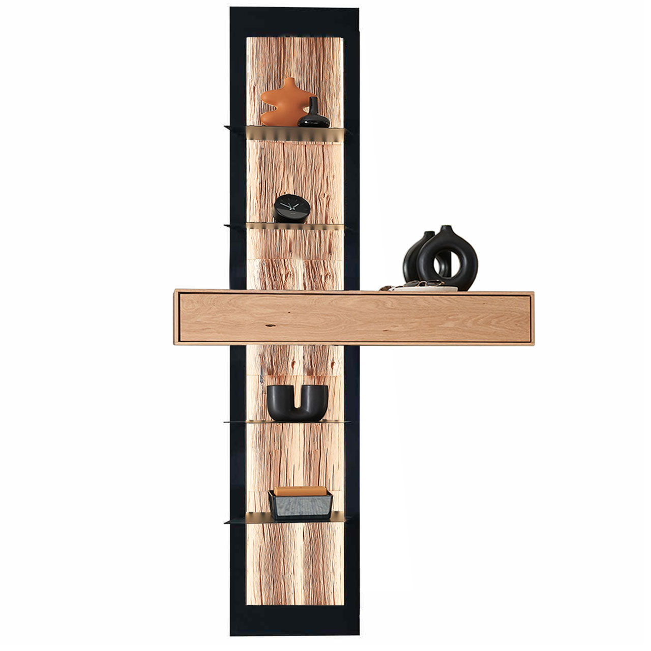 Modernes Regalelement mit Rahmen und vier Ablageböden in Metall Anthrazit mit beleuchteter Rückwand mit Spaltholz-Akzent, mittig platziert ein Schubkasten aus massiver Kerneiche Natur.