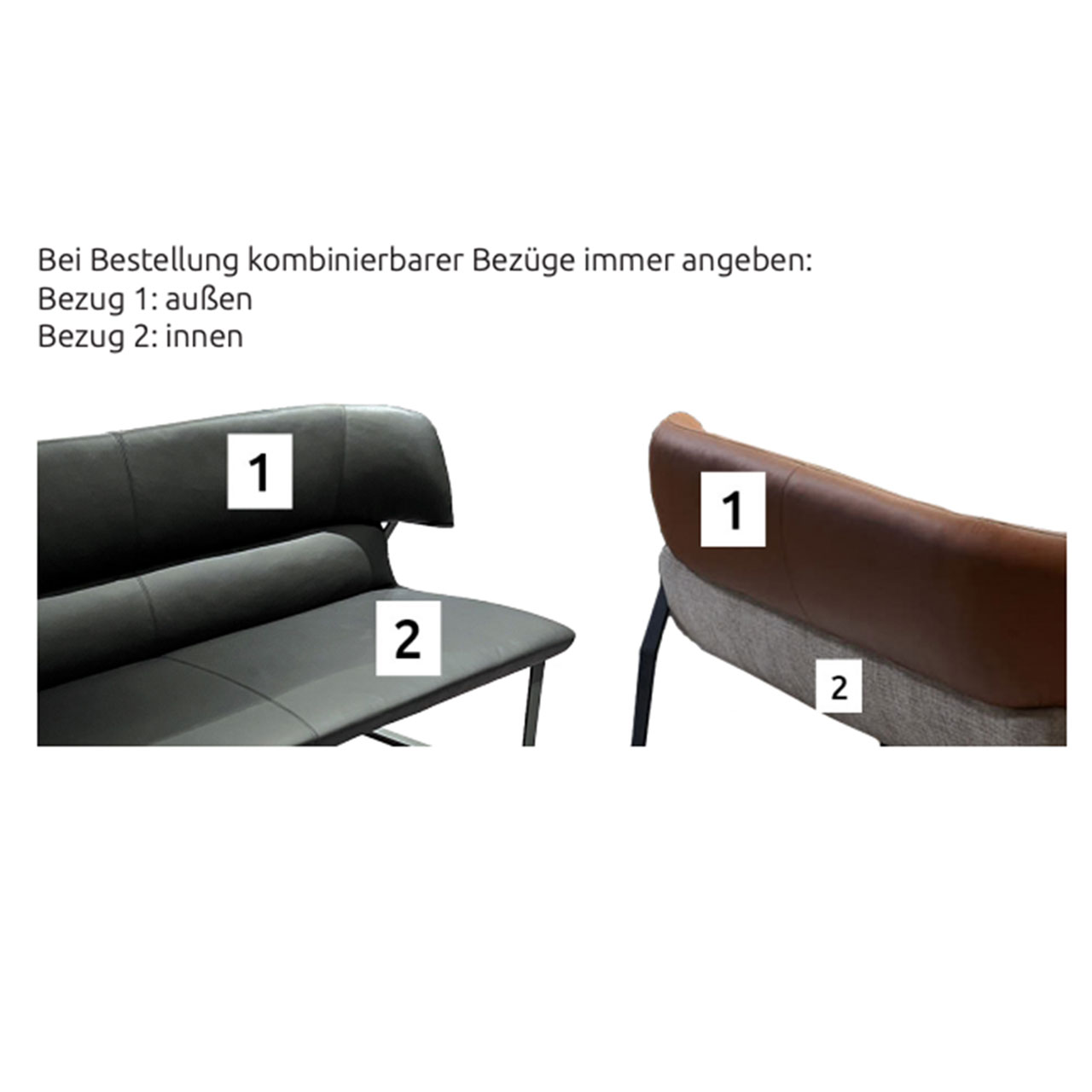Bestellhinweis zu Bezügen bei Sitzbänken. Bezüge können variabel innen und außen kombiniert werden.