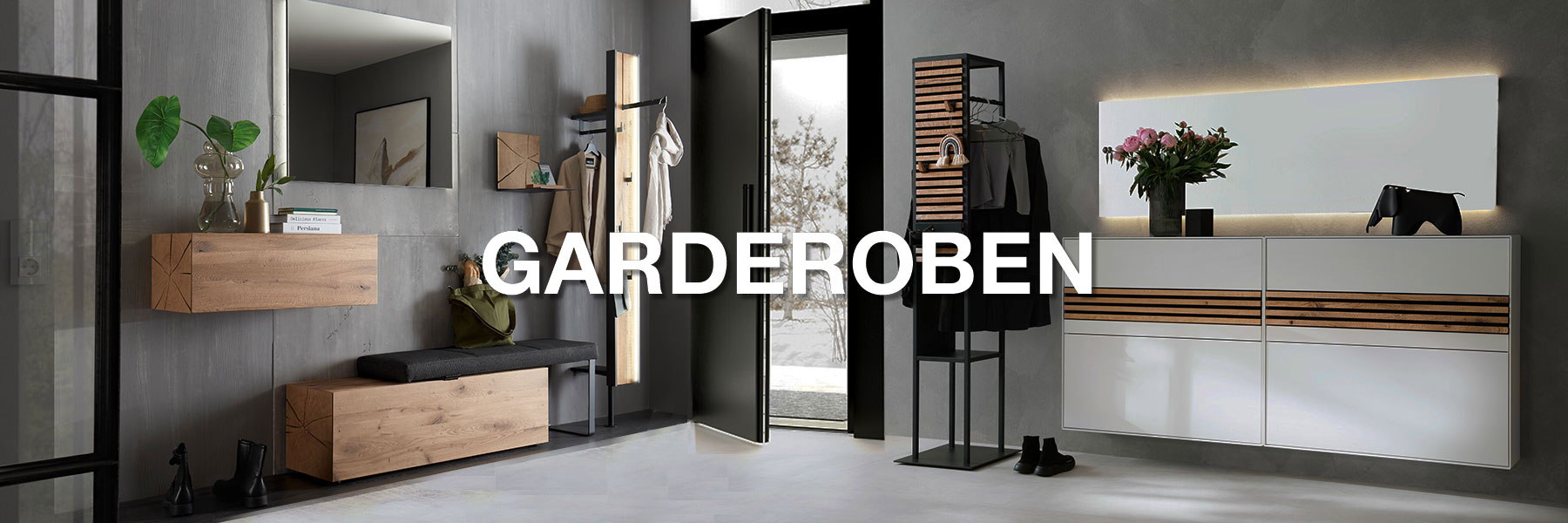 Garderobenmöbel der Marke Hartmann: Moderner Garderobenständer aus Metall, zwei Schuhkipper in Lack weiß, großer Wandspiegel, bequeme Holzsitzbank mit Stauraumfach, Garderobenpaneel und kleiner Hängeschrank – Möbel im modernen Naturholz Lack-weiß Design.