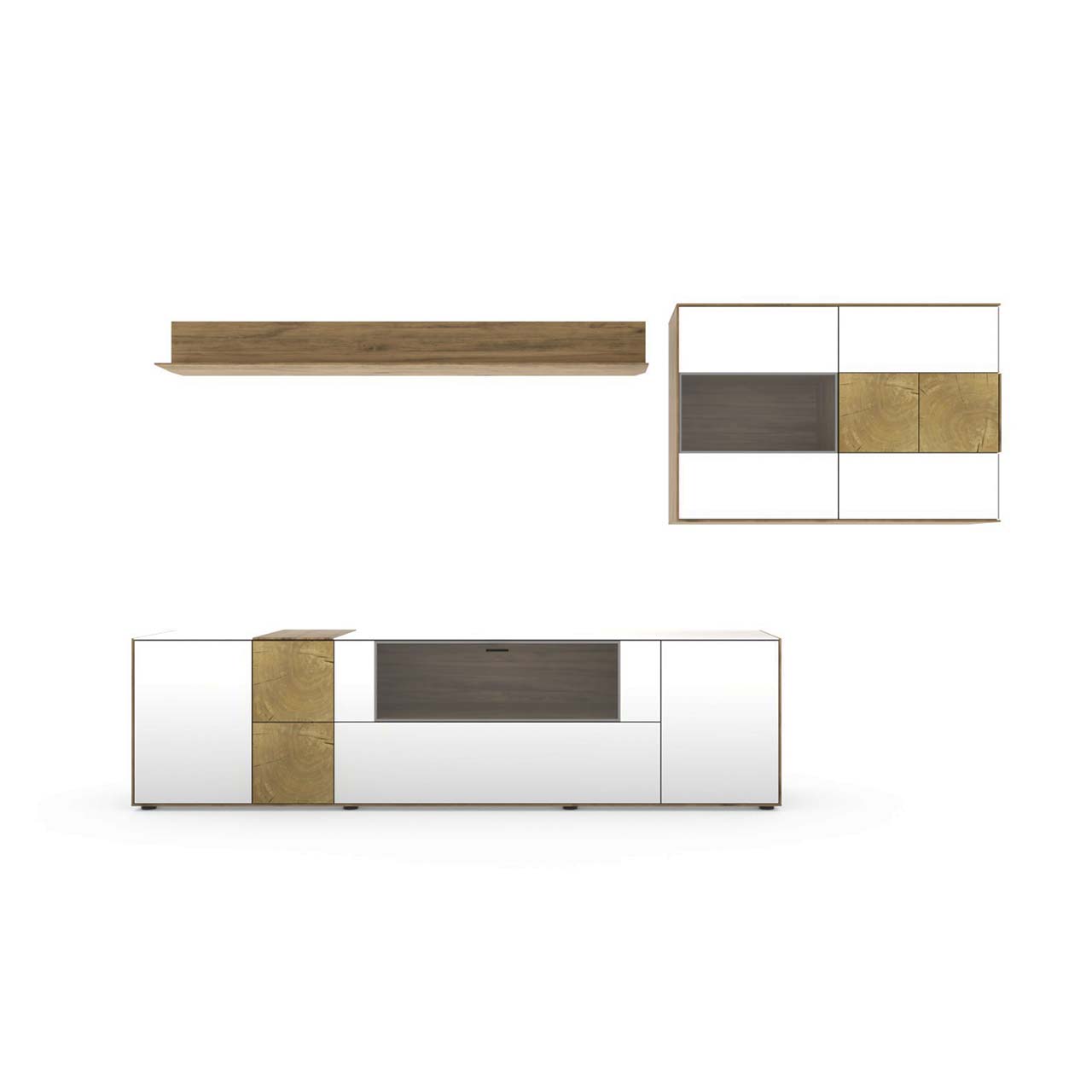Computergeneriertes Bild einer Holz Wohnwand mit weißen Fronten und dekorativen Hirnholzscheiben bestehend aus Lowboard mit Glasfront, Holz-Wandpaneel und Hängevitrine.