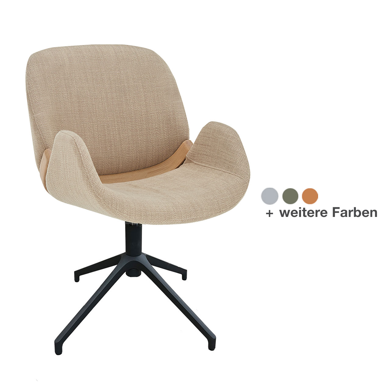 Moderner Esszimmerstuhl mit gepolsteter Sitz- und Rückenfläche sowie nach oben schwingenden Armlehnen in hellbeigem Stoff, mit Holzapplikation im unteren Lendenbereich und Vier-Fuß-Gestell in Metall Anthrazit.