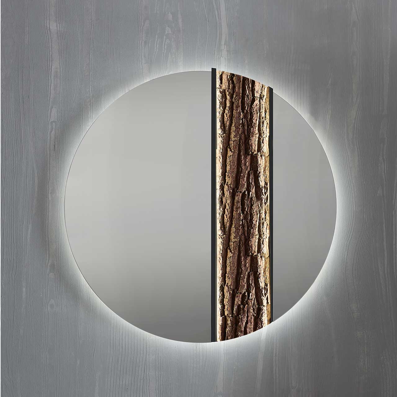 Hartmann SALVO Garderoben - Wandspiegel 8550G-5094 re. - mit Baumrinde Moderner runder Wandspiegel, rechts mit Rinden-Akzent eingefasst in einen anthrazitfarbenen Metallrahmen.