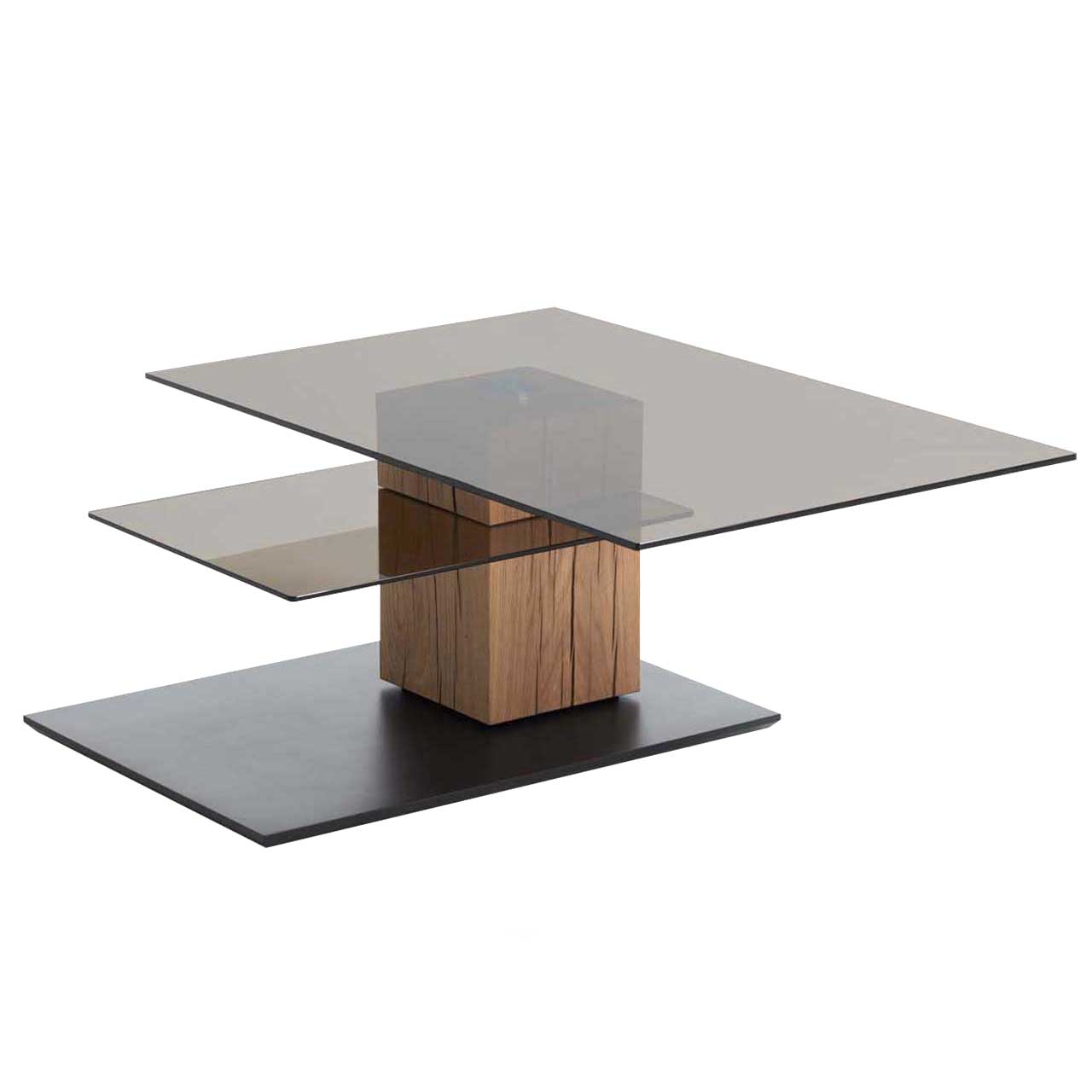 Hartmann NATURWERKE - Couchtisch 7100C-1405 Moderner Couchtisch mit rechteckiger, nach Vorne gedrehter Glasplatte und zusätzlicher fester Glasablage darunter. Massive Holzsäule aus Riffholz auf dunkler Bodenplatte.