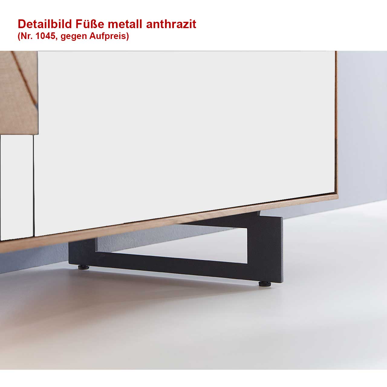 Hartmann CAYA - Metallfüße anthrazit 7170-1045 Detailbild einer Metallkufe anthrazit am CAYA Lowboard inkl. Hinweistext der Artikelnummer 7170-1045