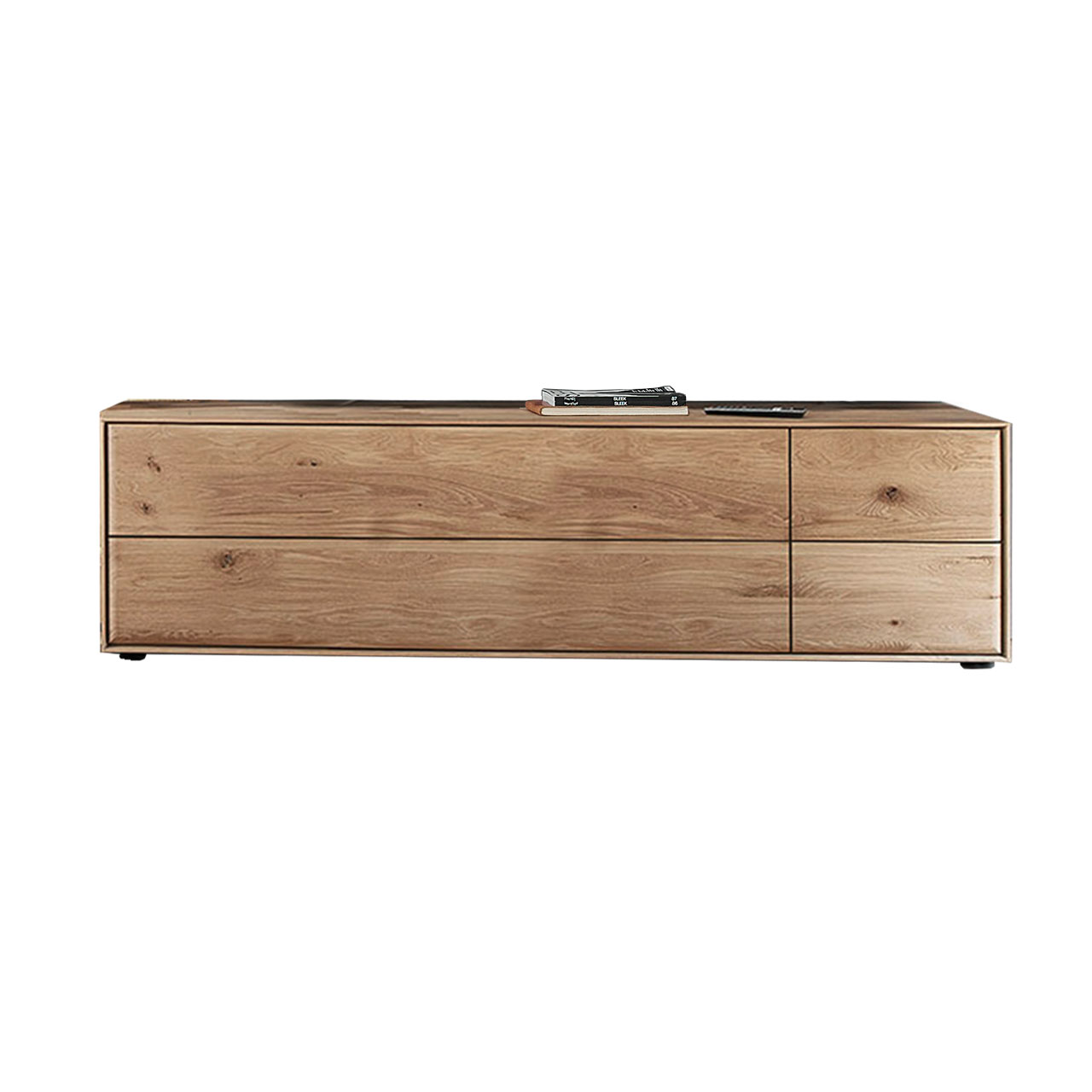 Hartmann VALA - Lowboard 8640-3201 - Kerneiche Natur Modernes Lowboard aus massiver Kerneiche Natur mit Tür, Klappe und Schubkästen, Breite 200cm - in Frontansicht.