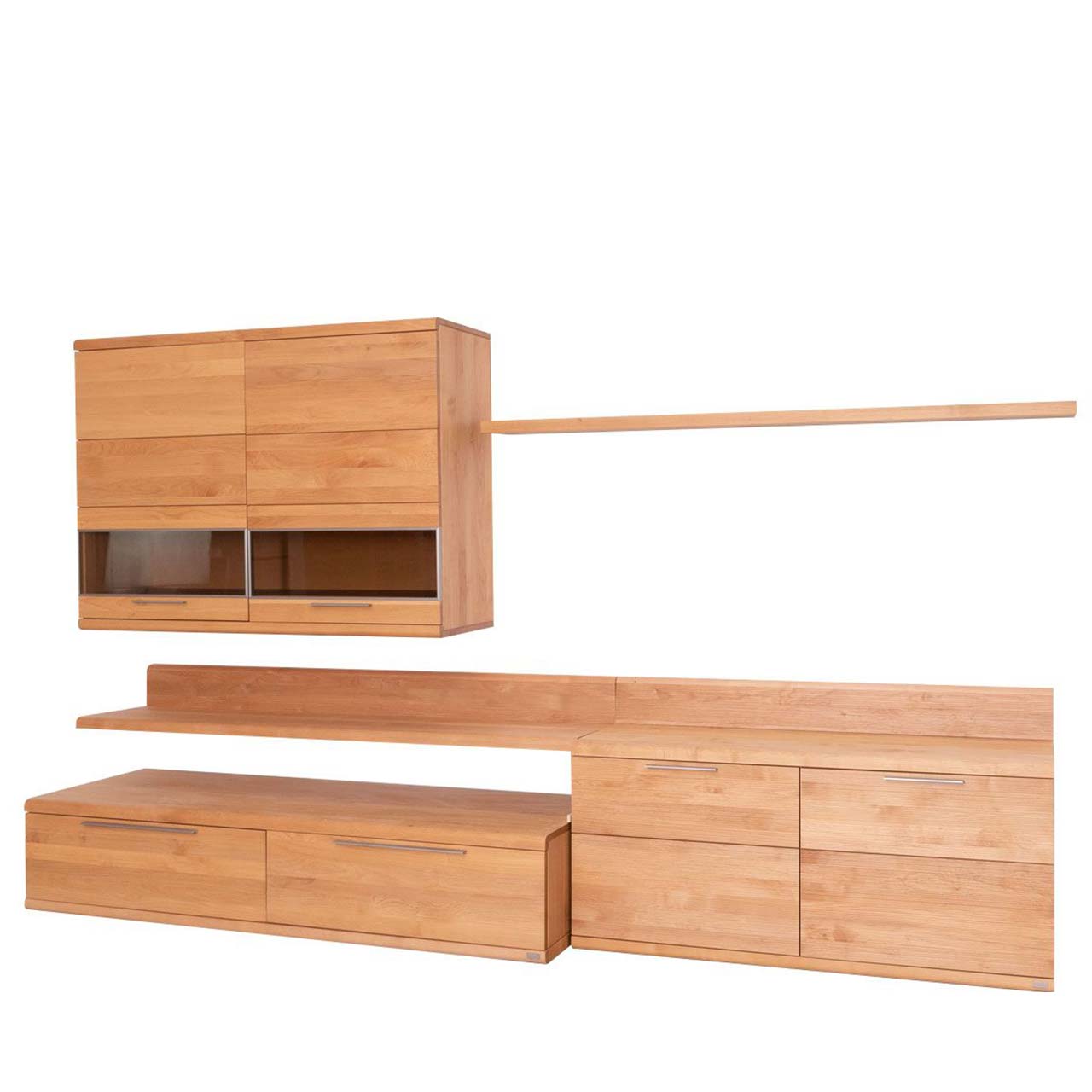 Hartmann SALE Möbel - ARONDA Wohnwand 6380-V42 / 6teilig - Seitliche Ansicht Robuste sechs teilige Wohnwand aus massivem Erlen Holz bestehend aus einer Hängevitrine, einem Wandboard, einem Lowboard mit Schubkästen, einem Unterteil mit Türen, einem Panellaufsatz für TV und einem Winkelboden.