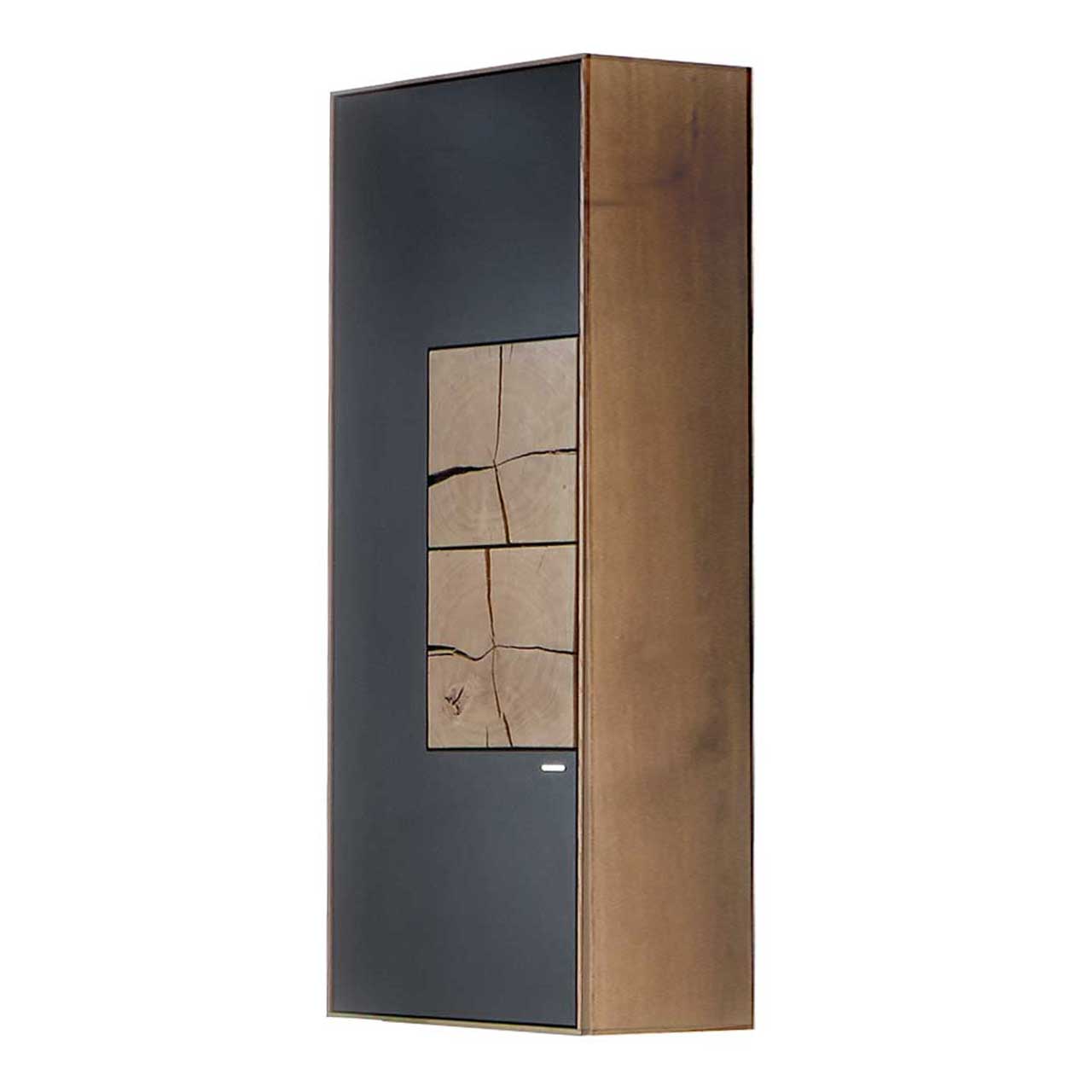 Moderner Hängeschrank aus massiver Kerneiche Umato mit Mattglas anthrazit Tür und zwei dekorativen, rechteckigen Hirnholzscheiben.