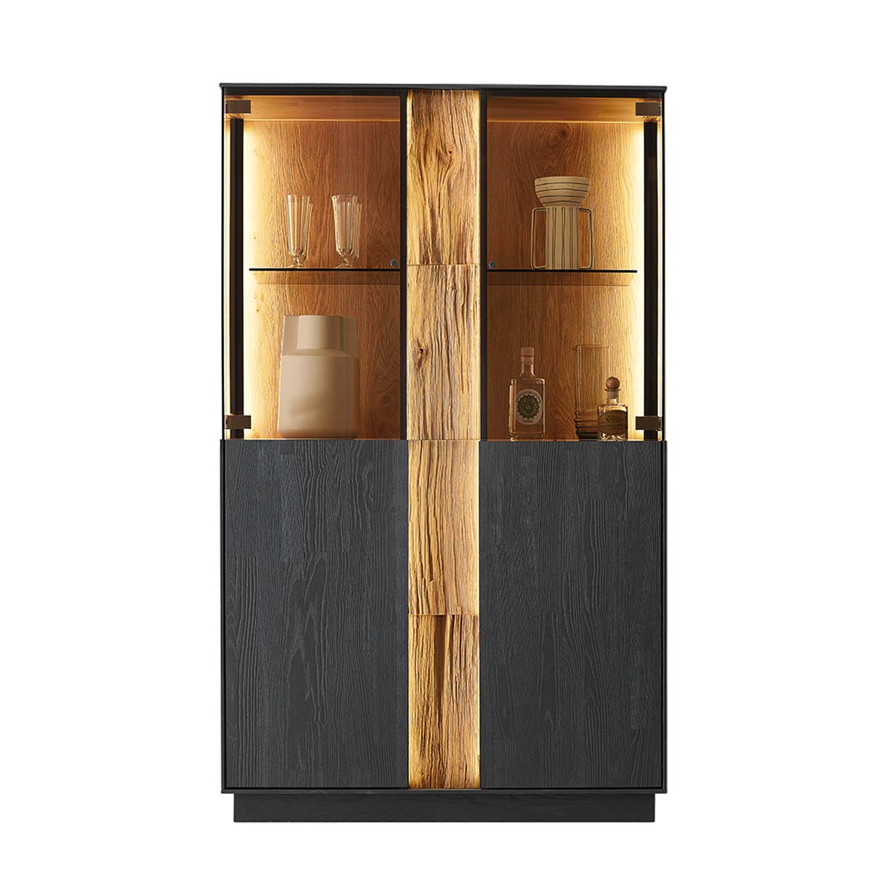 HM_KILVA_9610-8091_Highboard_1280x1280 Modernes Highboard aus massiver Kernesche anthrazit mit Spaltholz-Akzent und Parsolglas-Ausschnitt
