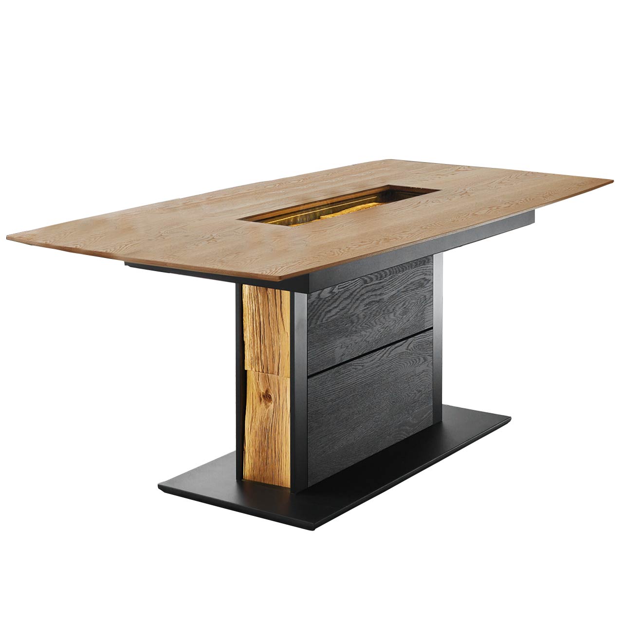 HM_KILVA_9610-1589_Esstisch_1280x1280 Esstisch mit Platte aus Kerneiche mit Glasabdeckung und Fuß aus anthrazit Kernesche mit Spaltholzapplikation
