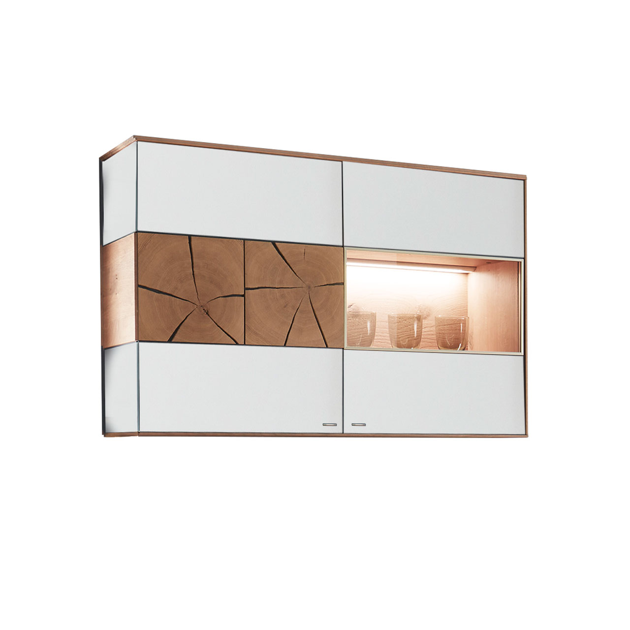 Hartmann CAYA - Hängevitrine 7170-4015W Moderne Hängevitrine aus massiver Kerneiche Umato mit Mattglas weiß Front, mit einer Holztür mit dekorativer Hirnholz Applikation aus zwei rechteckigen Hirnholzscheiben und einer Glastür.