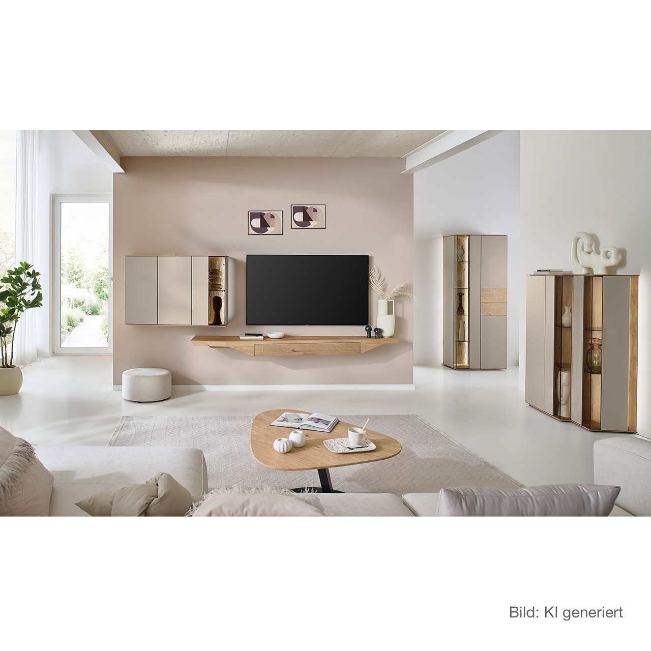 Wohnzimmer mit moderner Massivholzwohnwand mit Lack Sand bestehend aus Hängelowboard und Hängevitrine - im asymmetrischen Design. Rechts passendes Highboard mit Glastüren, davor asymmetrischer Beistelltische aus Holz.