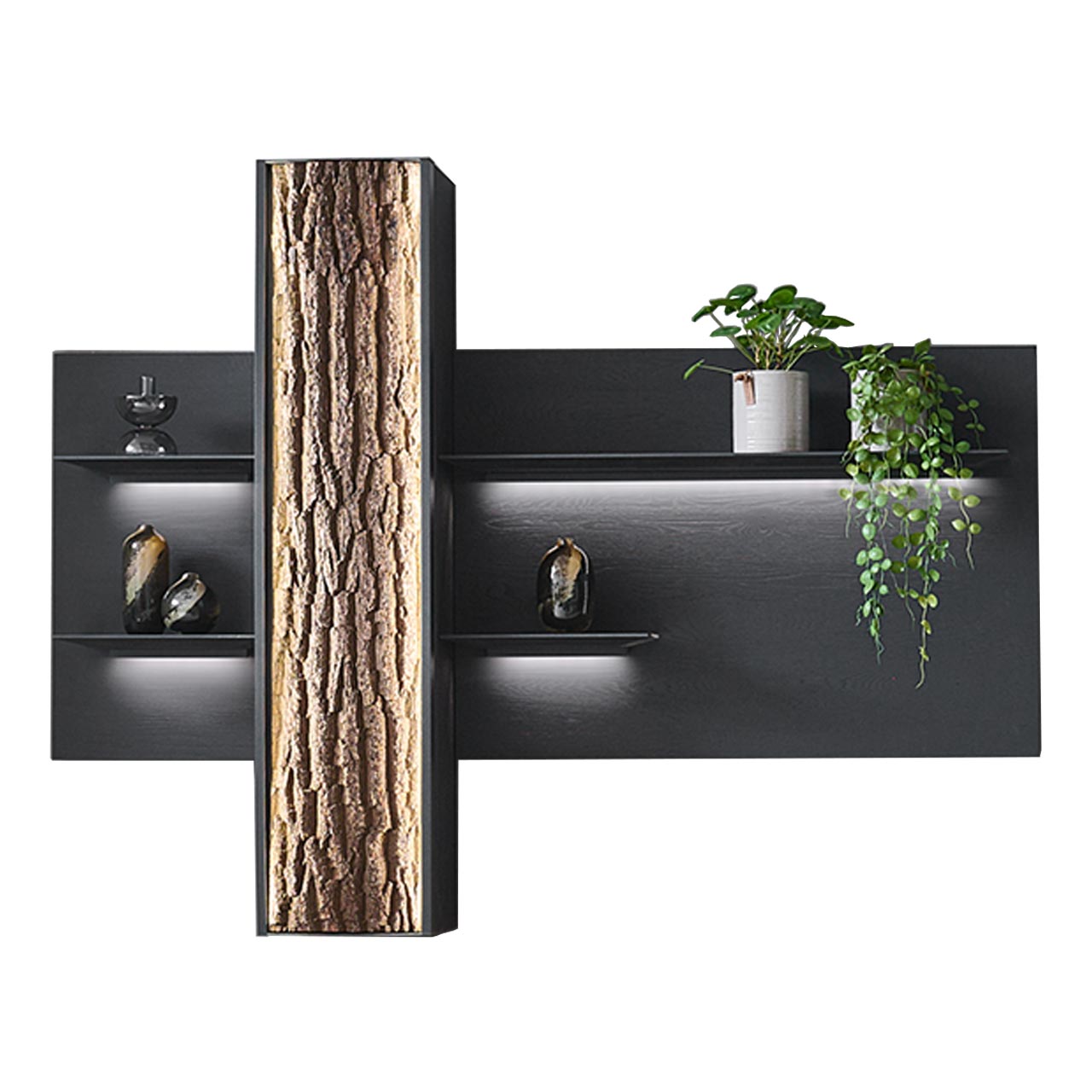 Modernes Wandpaneel aus massiver, anthrazit gebeizter Kerneiche Natur mit vier beleuchteten Holzböden sowie integriertem Stauraumschrank und beleuchteter Holztür mit echtem Rinden-Akzent.