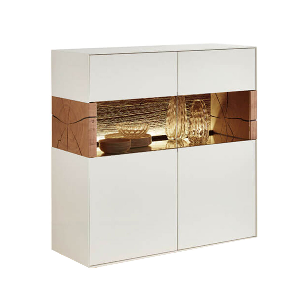 modernes Highboard in Lack weiß mit Glastüren und Holzakzenten