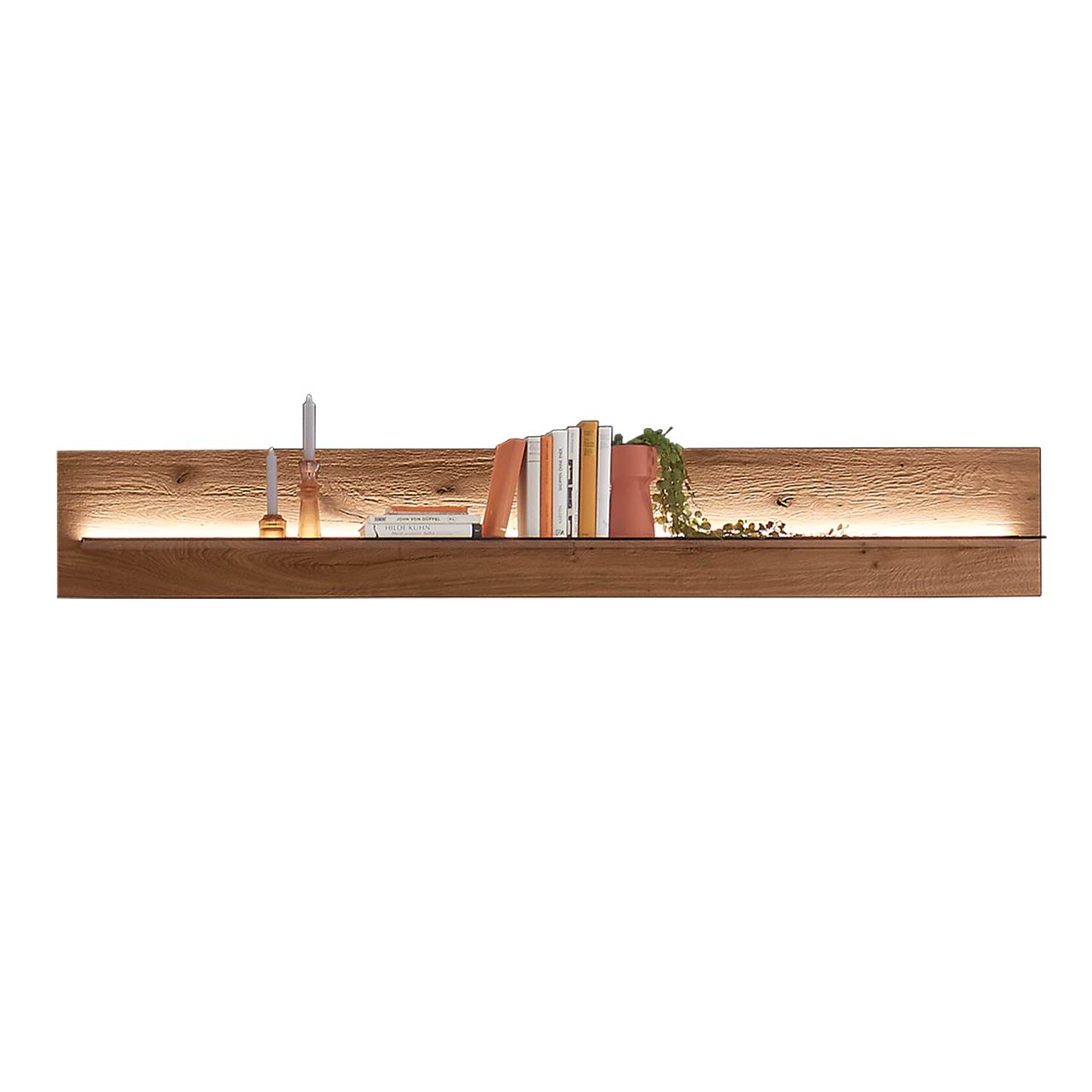 Langes Wandpaneel aus massiver Kerneiche Umato mit beleuchtetem Glasboden in Parsol Bronze.