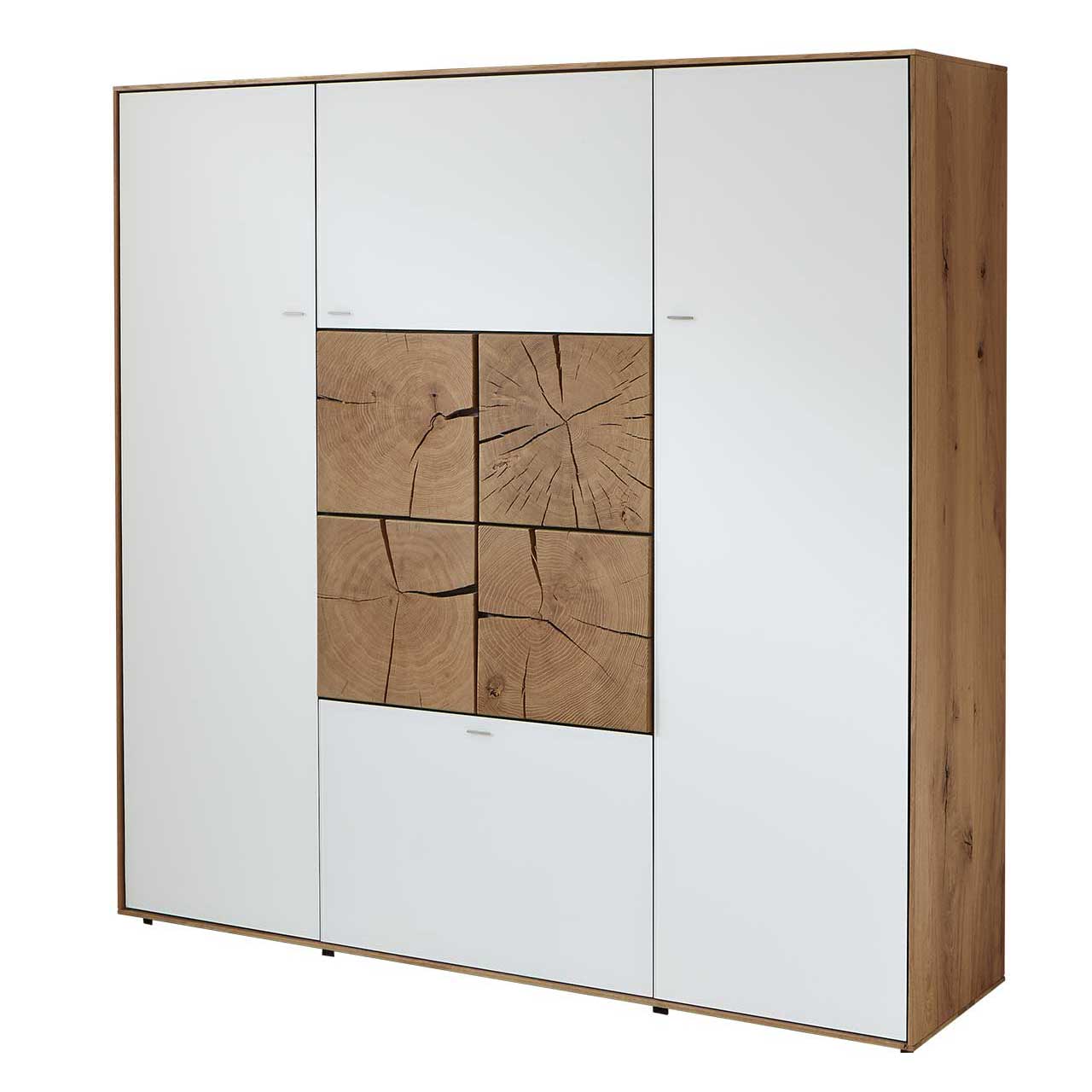 Hartmann CAYA - Highboard 7170-7137W Modernes Highboard aus massiver Kerneiche Umato mit Mattglas weiß Fronten und vier in der Mitte zum Quadrat zusammengesetzten, dekorativen Hirnholzscheiben in Kerneiche Umato.
