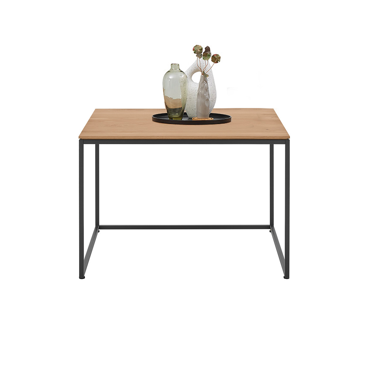 Moderner Couchtisch mit rechteckiger Holztischplatte und filigranem Metallgestell in Anthrazit - In Frontansicht.