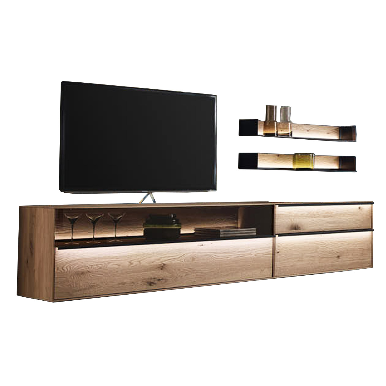 Freistellerbild eines Lowboards mit Fernseher und 2 Wandborden