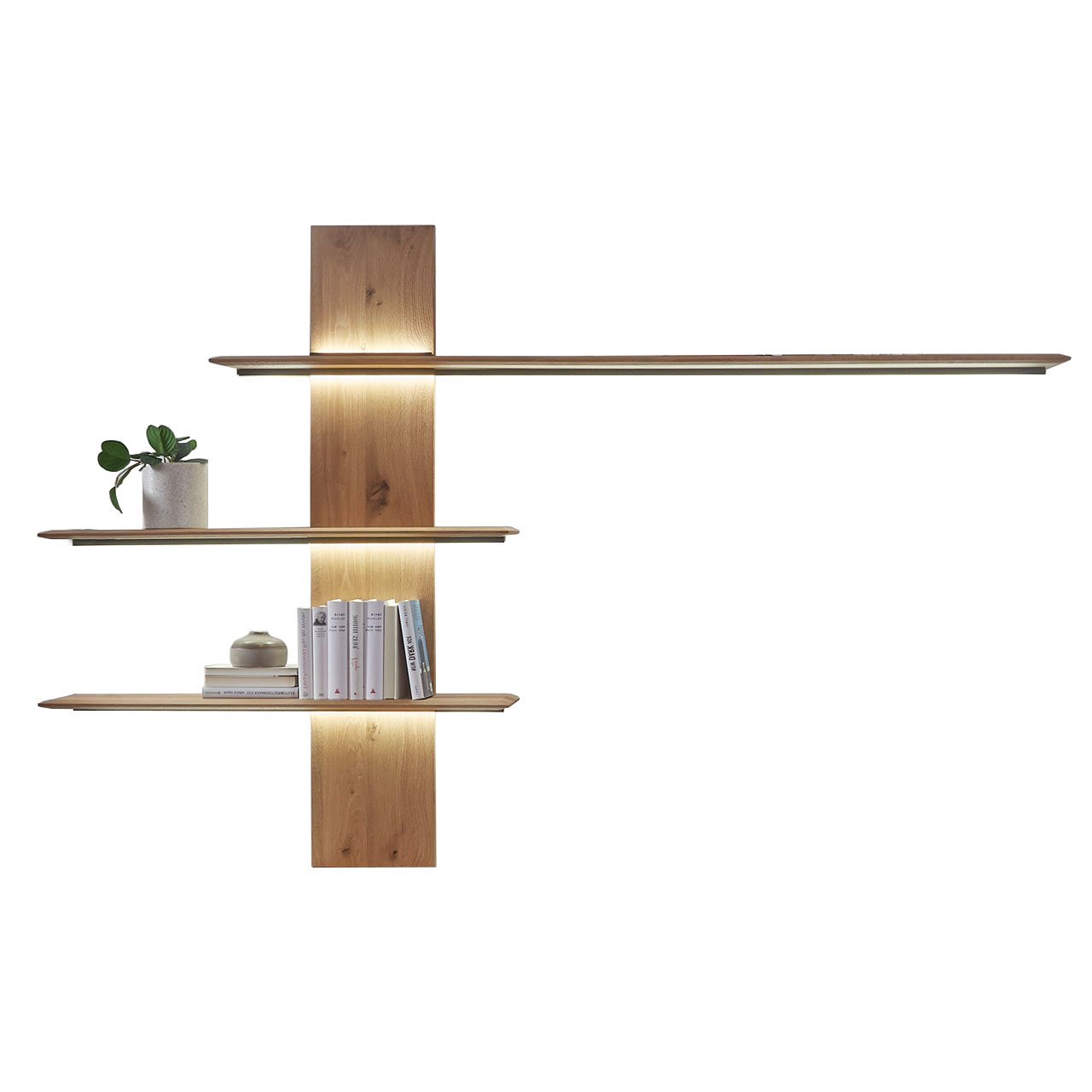 Hartmann CAYA - Wandpaneel links 7170-7231 li. Massivholz Wandpaneel aus edler Kerneiche Umato mit massiver Holzrückwand und einem langen Holzboden oben und zwei kurzen unten. Alle Holzböden sind indirekt beleuchtet.