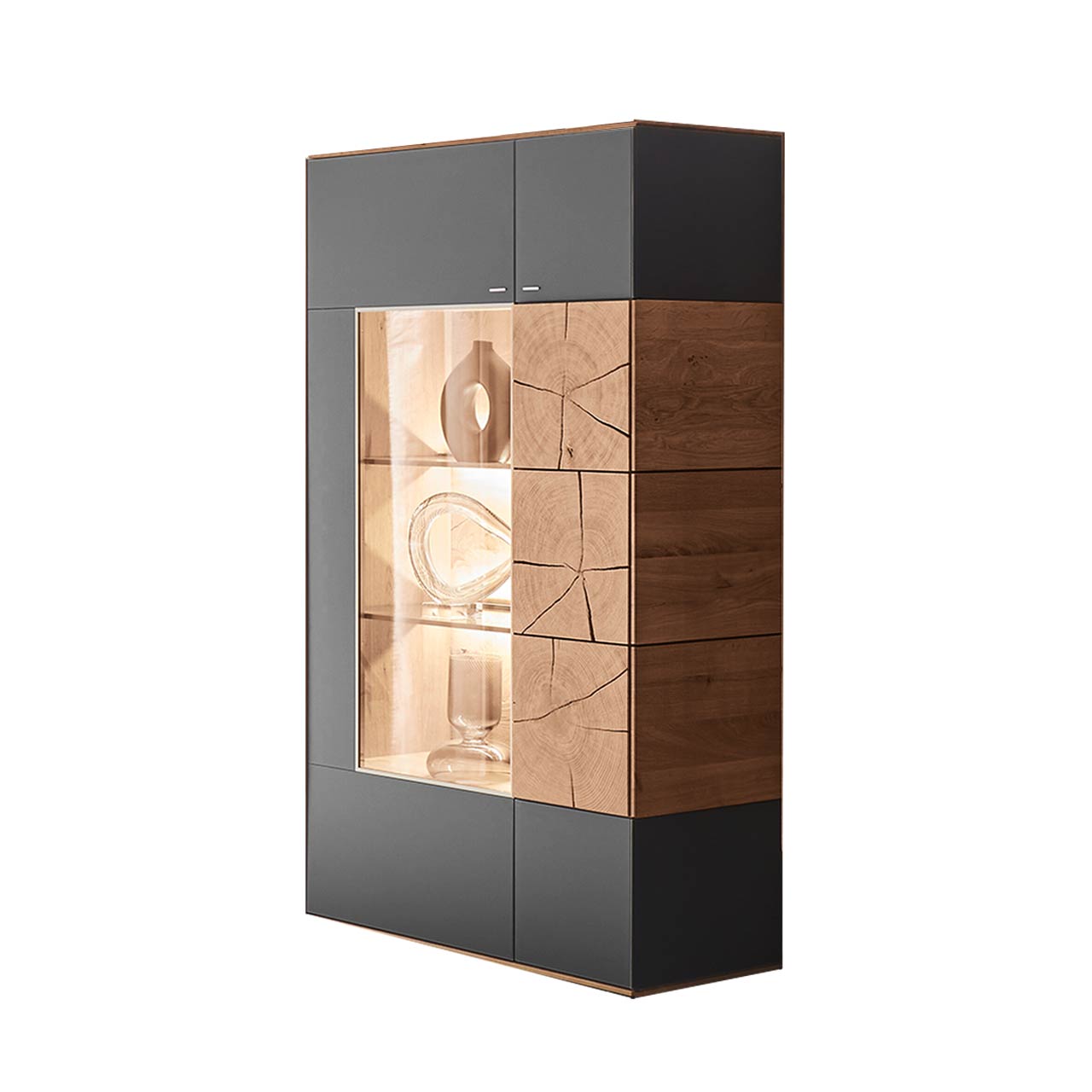 Hartmann CAYA - Highboard 7170-7081A Modernes Highboard aus massiver Kerneiche Umato mit Mattglas anthrazit Front, mit einer großen Glastür und einer Holztür mit dekorativer Hirnholz Applikation aus drei vertikal verlaufenden, rechteckigen Hirnholzscheiben.