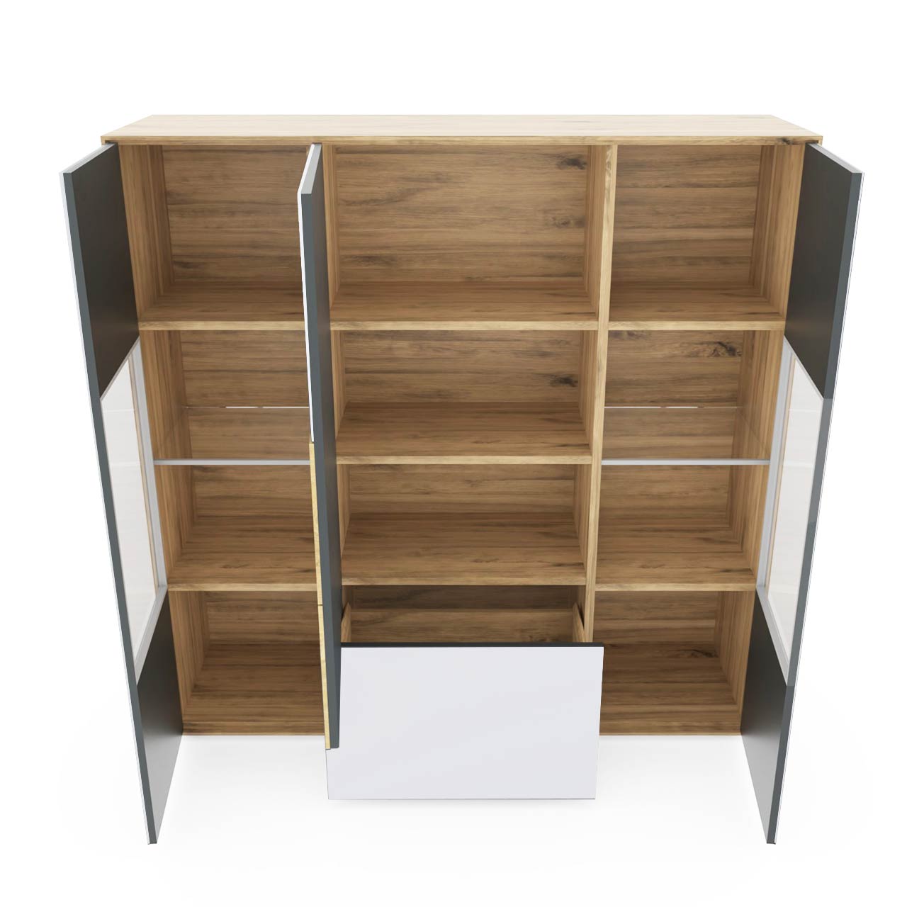 Modernes Highboard aus massiver Kerneiche Umato mit Mattglas aweiß Front mit zwei offenen Glastüren rechts und links, einer offenen Tür mittig und einem offenem Schubkasten unten.