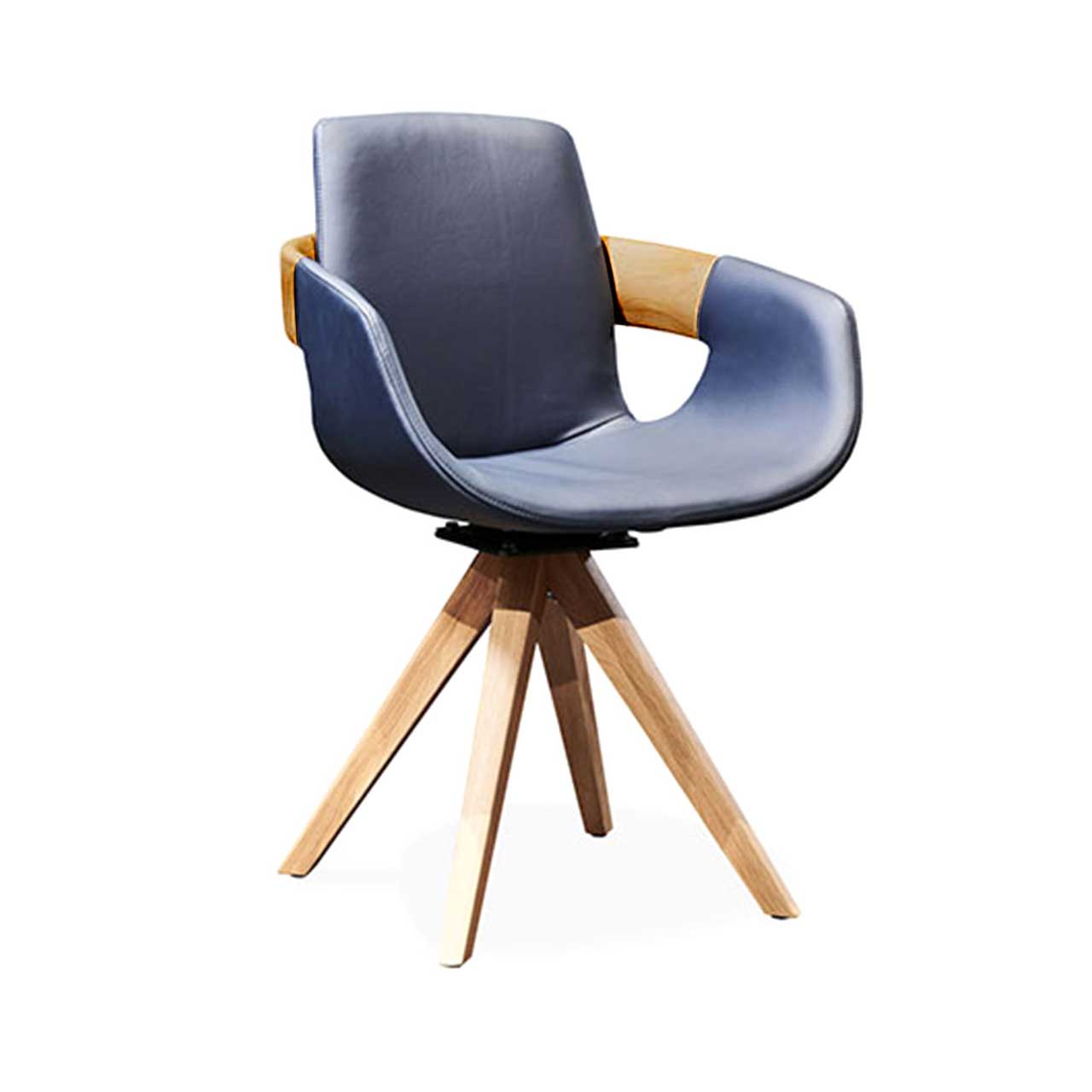 Hartmann NATURZEIT 7100E/8400E - 1607 Stuhl Emi Moderner Esszimmerstuhl mit Sitzfläche und Rückenlehne in blauem Leder, Holzapplikation an Lehnen und Vier-Fuß-Stativgestell aus massivem Holz.
