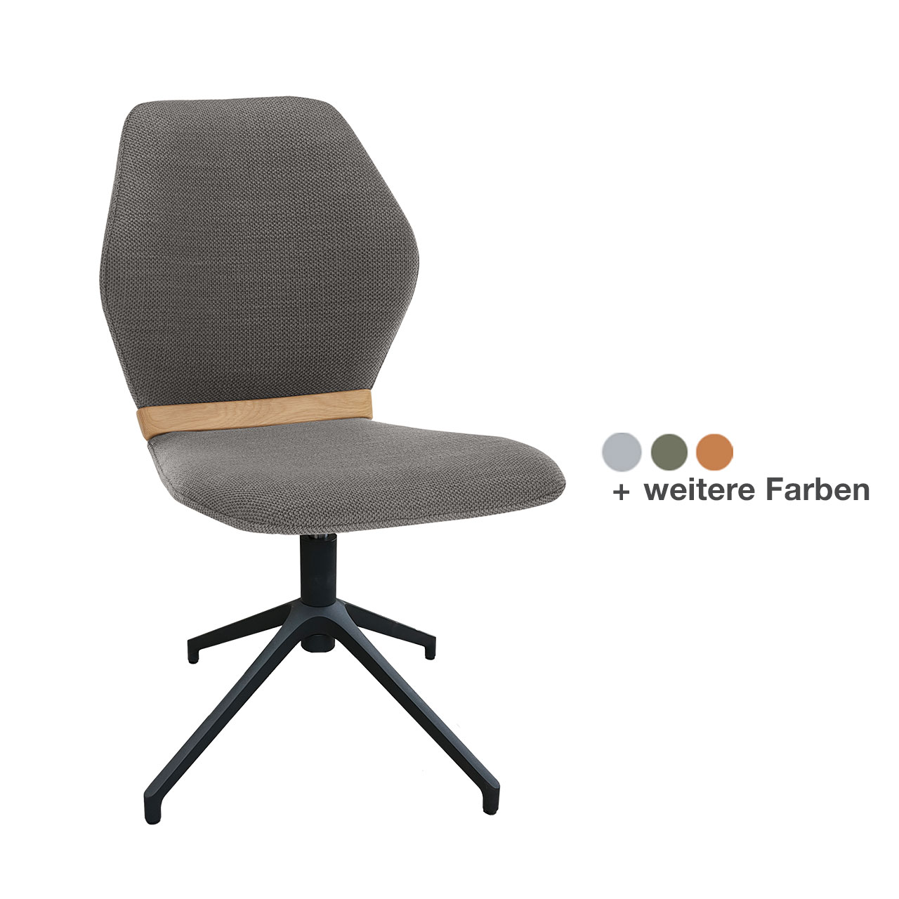 Moderner Esszimmerstuhl ohne Lehnen mit gepolsteter Sitzfläche und Rückenlehne in grauem Stoff, mit Holzapplikation im Lendenbereich und Vier-Fuß-Gestell Metall Anthrazit in filigraner Sternform.