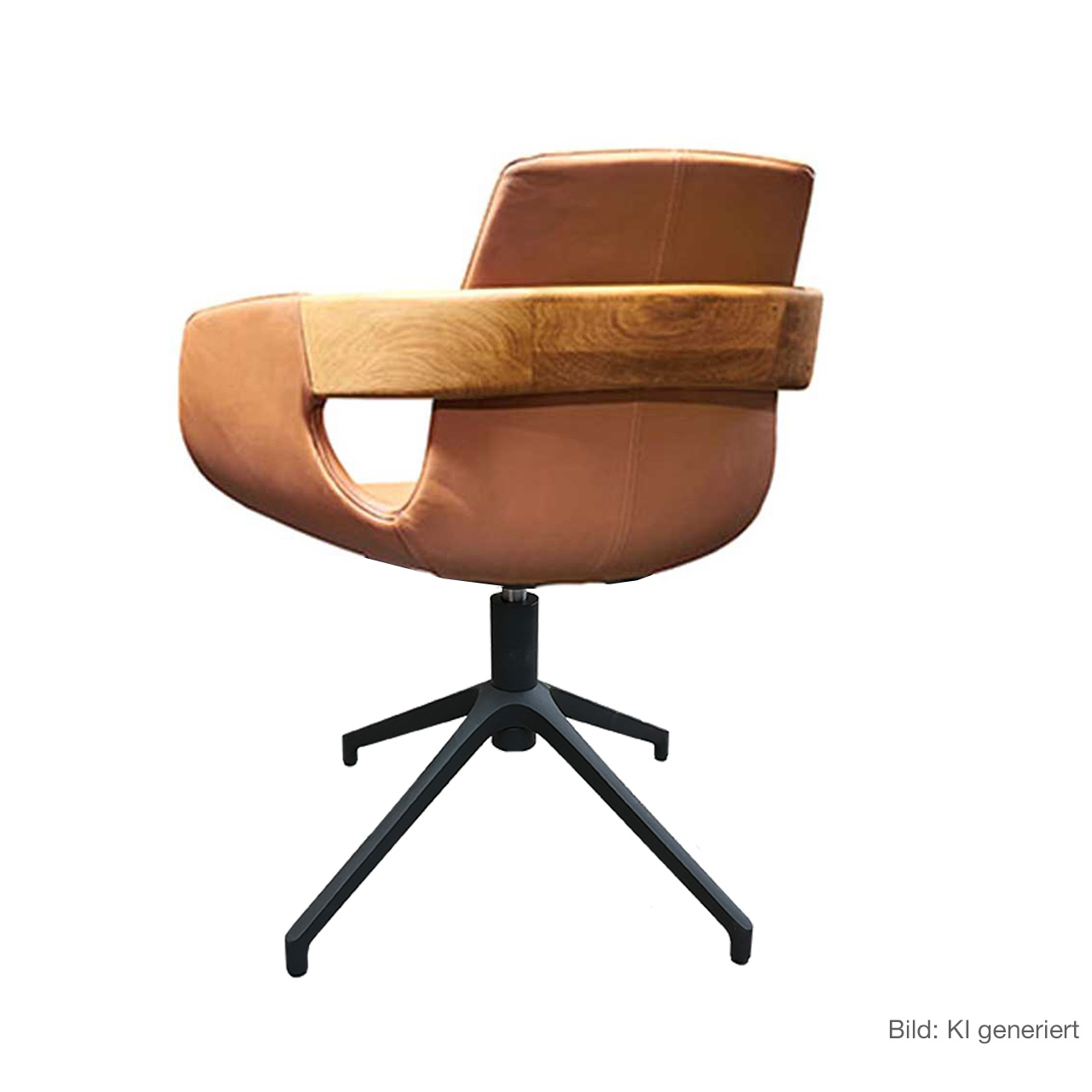Hartmann NATURZEIT 7100E/8400E - 1765 Stuhl Emil mit Metallgestell M2 - Rückansicht Moderner Esszimmerstuhl in Rückansicht mit Sitzfläche und Rückenlehne in cognacfarbenem Leder, Holzapplikation am Rücken und Vier-Fuß-Sterngestell aus Metall Anthrazit.