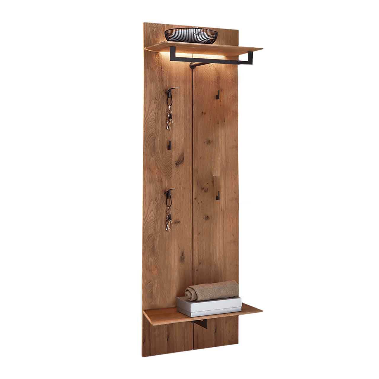 Hartmann CAYA Garderoben - Wandgarderobe 7140-9061 Moderne Wandgarderobe aus massiver Kerneiche mit beleuchteter Hutablage mit Kleiderstange und vier Kleiderhaken aus Metall Anthrazit. Unten mit zusätzlicher Schuhablage aus Holz.