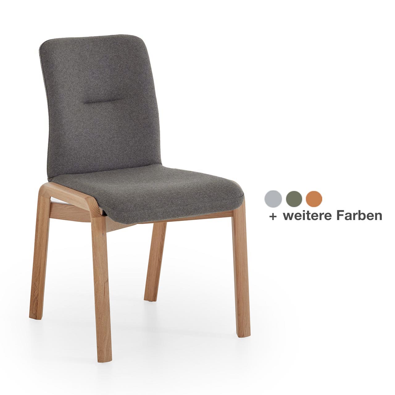 Klassischer Esszimmerstuhl mit gepolstertem Sitz und Rücken in dunkelbeigem Stoffbezug mit passendem Vier-Fuß-Gestell aus Massivholz, ohne Lehnen - in Frontansicht.