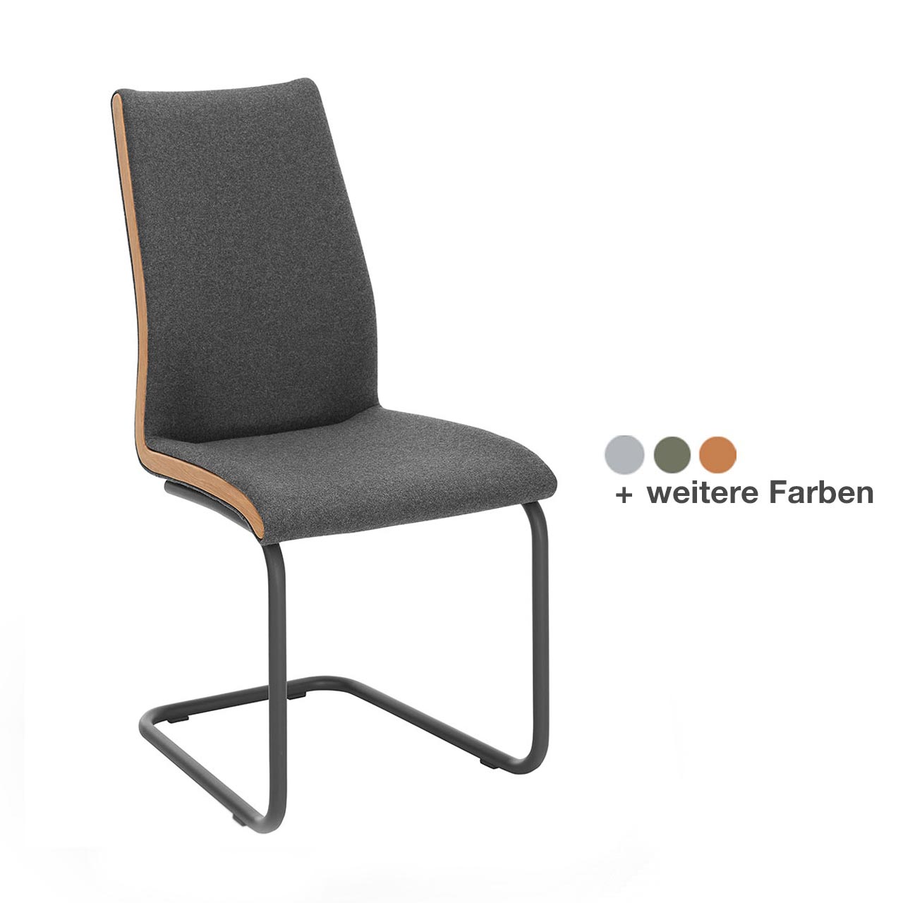 Frontansicht eines Freischwingers mit schwarzem Lederbezug, Metallgestell in Anthrazit und seitlicher Holzapplikation.