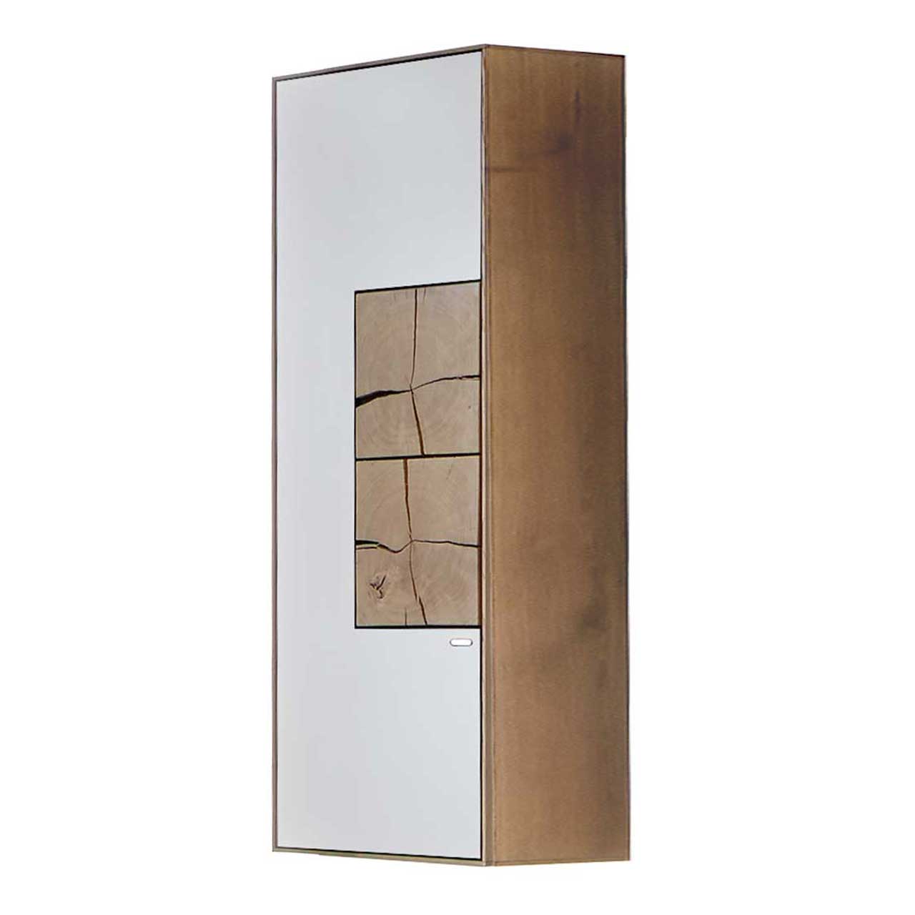 Moderner Hängeschrank aus massiver Kerneiche Umato mit Mattglas weiß Tür und zwei dekorativen, rechteckigen Hirnholzscheiben.