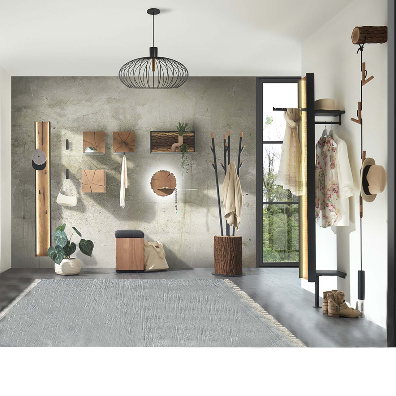 Hartmann CAYA Garderoben - Kombination 7140 Nr. V142 - dreizehnteilig Moderne, dreizehnteilige Garderobenkombination mit unterschiedlichen Kleinmöbeln aus massivem Holz kombiniert mit Metall. Filigrane Wandleuchten, praktische Wandablagen, Garderobenbaum mit Metallästen, Sitzhocker mit Stauraumfach uvm.