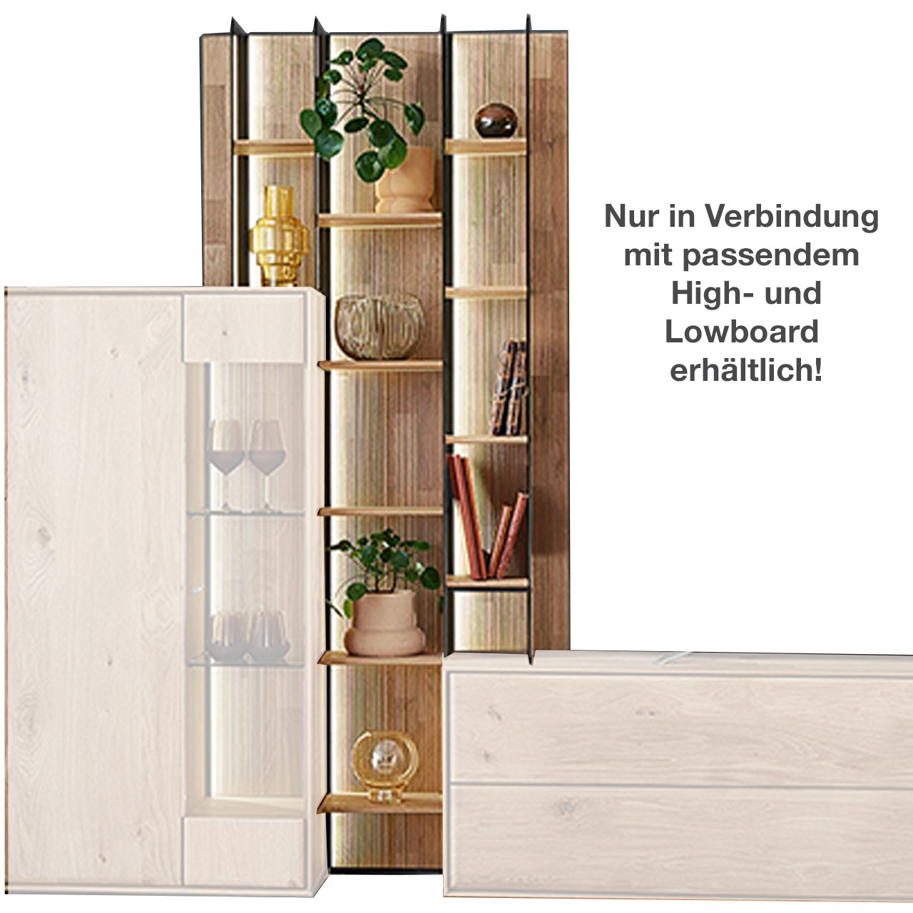 Hartmann VALA - Regal links 8640-0098 - Kerneiche Natur geschoppt / Glas Hohes modernes Wandregal aus massivem Holz mit geschroppter Rückwand, zehn Holzböden und vier beleuchteten Glasseiten aus Parsolbronze - als mittigstehendes Anbauelement für ein passendes VALA High- und Lowboard.