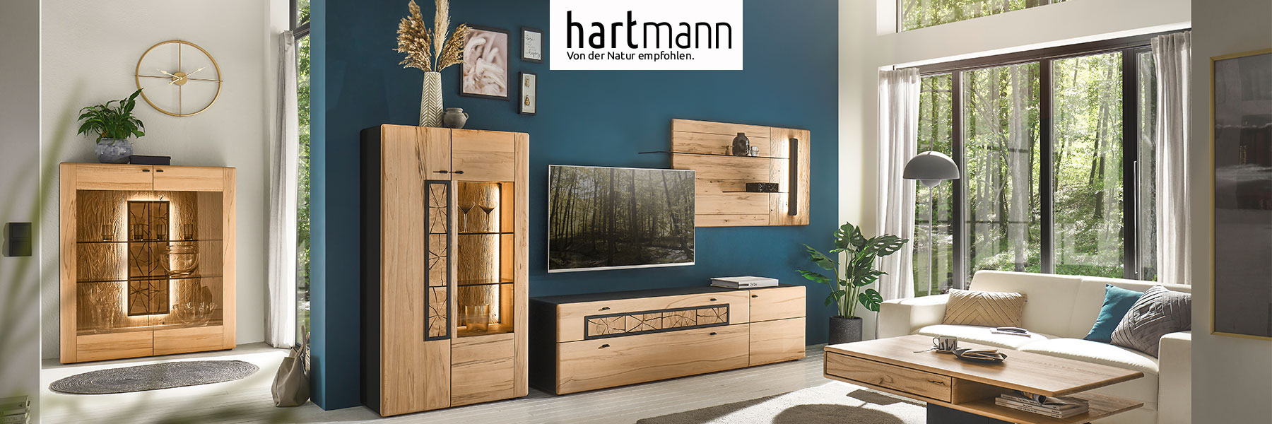 Hartmann KNUD - Massivholzmöbel aus heller Kernesche kombiniert mit anthrazit und dekorativen, eckigen Hirnholzscheiben. Ambientebild zeigt Lowboard mit Hirnholz, darüber beleuchtetes Wandpaneel mit Glasböden. Links Highboards mit Glastür und Hirnholz.