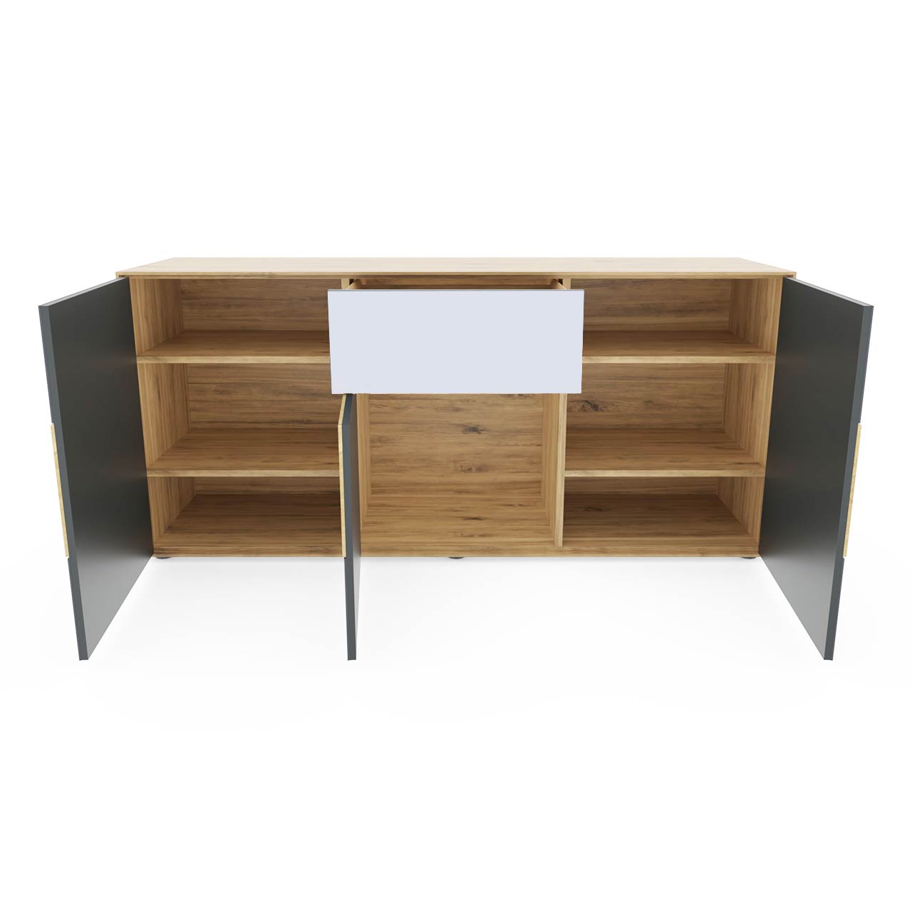 Hartmann CAYA - Sideboard 7170-4178W - offen Modernes Sideboard aus massiver Kerneiche Umato mit Mattglas weiß Front mit drei offenen Türen und einem offenem Schubkasten.