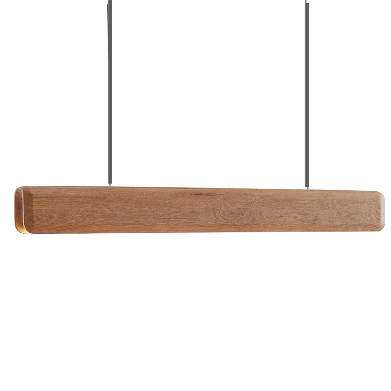 Moderne Hängeleuchte aus massivem Holzbalken an Stahlseil.