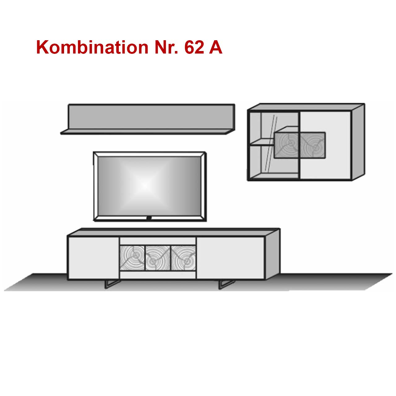 Skizze einer dreiteiligen Wohnkombination aus Holz und Mattglas Fronten bestehend aus Lowboard auf Füßen mit teils strukturierter Holz-Front, langes Wandregal und Hängevitrine mit beleuchtetem Glasausschnitt und strukturierter Holz-Front.