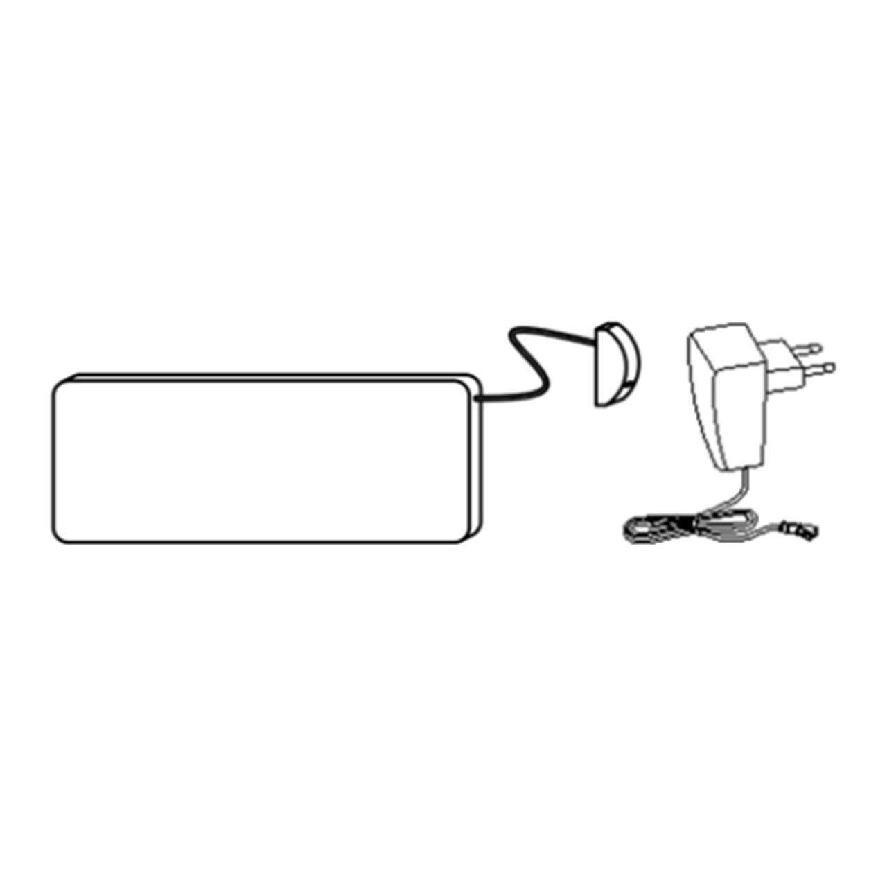 Strichzeichnung eines Elektroanschlusses mit Akku und Touchschalter für die Bedienung einer eingebauten Möbelbeleuchtung.