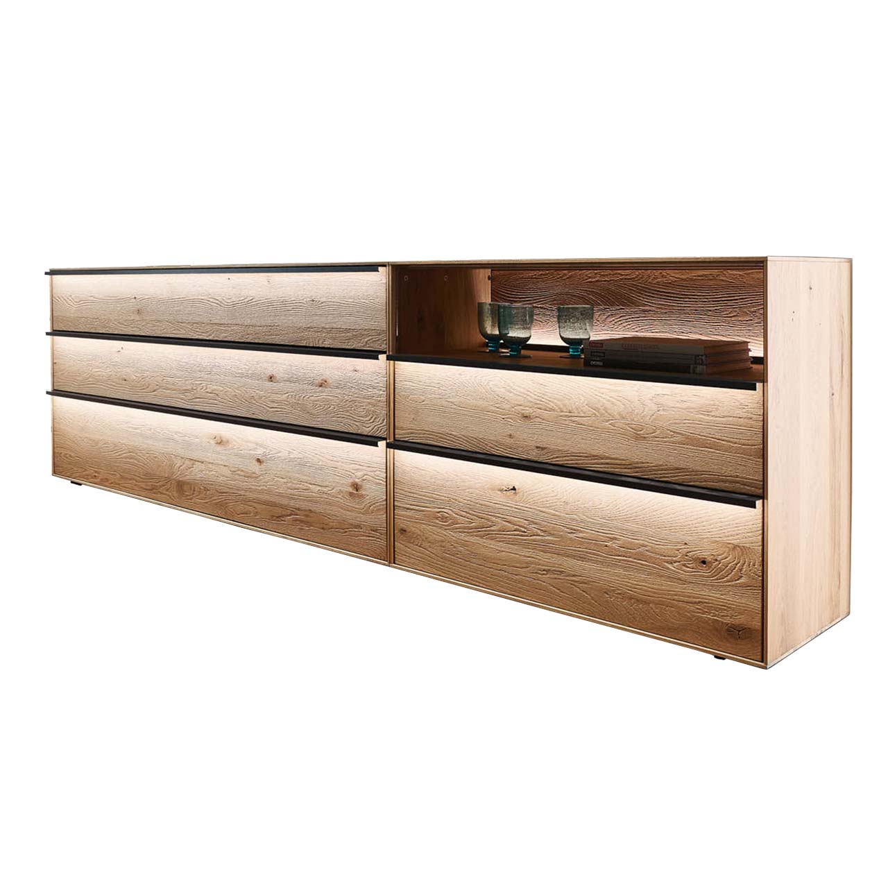 moderne Kommode aus massiver Kerneiche mit 4 Schubkästen & Glasfront