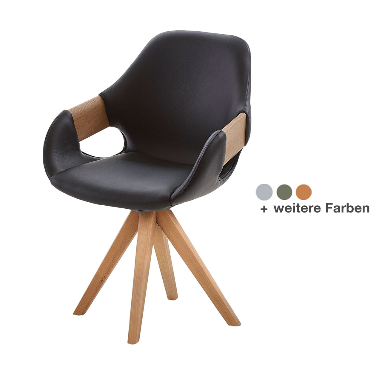 Moderner Esszimmerstuhl mit extra gepolsteter Sitzfläche und Rückenlehne in schwarzem Leder, mit Holzapplikation an Lehnen und Vier-Fuß-Stativgestell aus massivem Holz.