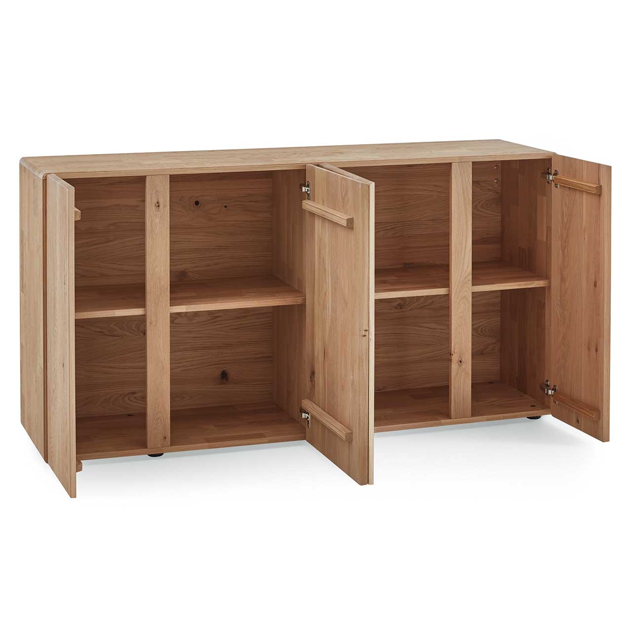 Hartmann VIDA - Sideboard 8630-5191 - Kerneiche Natur Cleanes Sideboard aus massivem Eichenholz mit vier geöffneten Türen und sichtbaren Einlegeböden, die den Innenraum in sechs Fächer unterteilen.