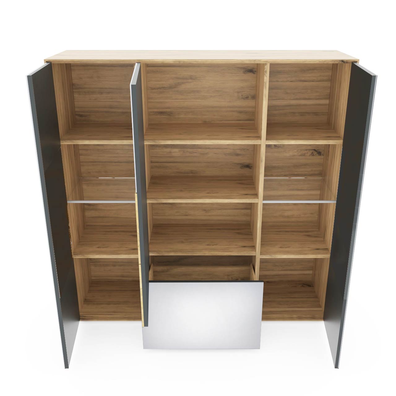Modernes Highboard aus massiver Kerneiche Umato mit Mattglas weiß Front mit drei offenen Türen rechts, links und Mitte und einem offenem Schubkasten unten.