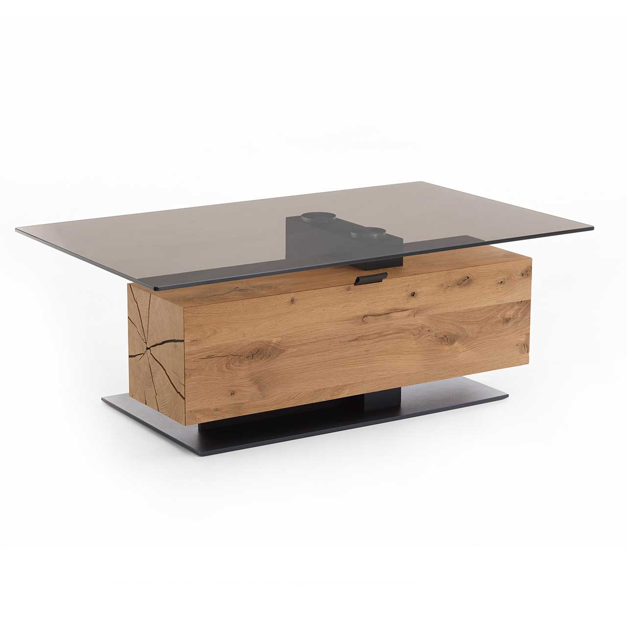 Moderner Couchtisch mit rechteckiger Glasplatte und Hirnholzblock aus massiver Kerneiche mit Klappe und Stauraumfach.