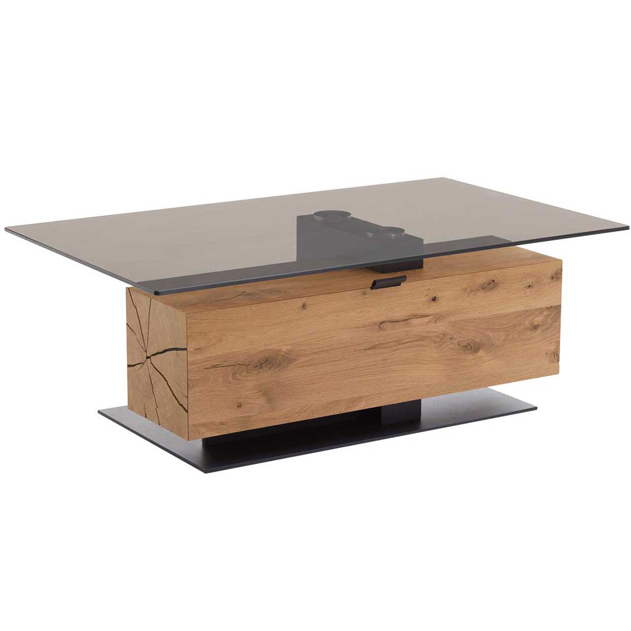 Moderner Couchtisch mit eckiger Glasplatte und massivem Holzblock aus Kerneiche Umato mit Klappe und Stauraumfach.