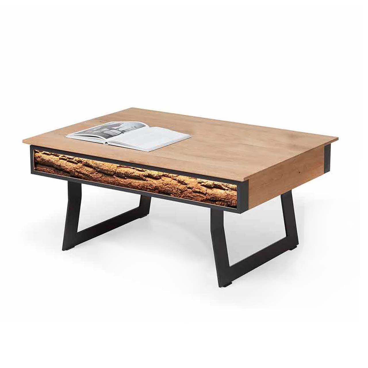 Moderner Couchtisch mit höhenverstellbarer Tischplatte aus Kerneiche mit integriertem Stauraumfach und seitlicher Rindenapplikation - auf zwei Metallkufen in Anthrazit.