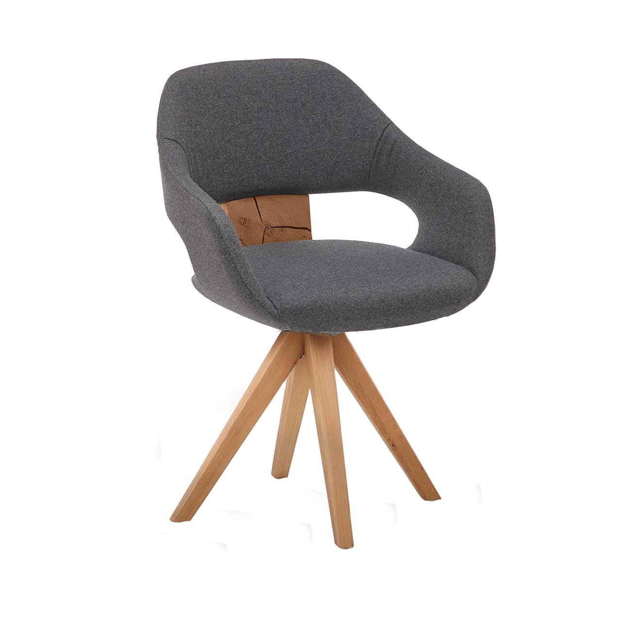 Hartmann NATURZEIT 7100E/8400E - 1726 Stuhl Aaron - Frontansicht Frontansicht eines drehbaren Armlehnstuhls mit anthrazitfarbenem Stoffbezug und gepolsterter Sitzschale. Mit dekorativer Hirnholzscheibe im Lendenbereich auf Vier-Fuß-Holzgestell.