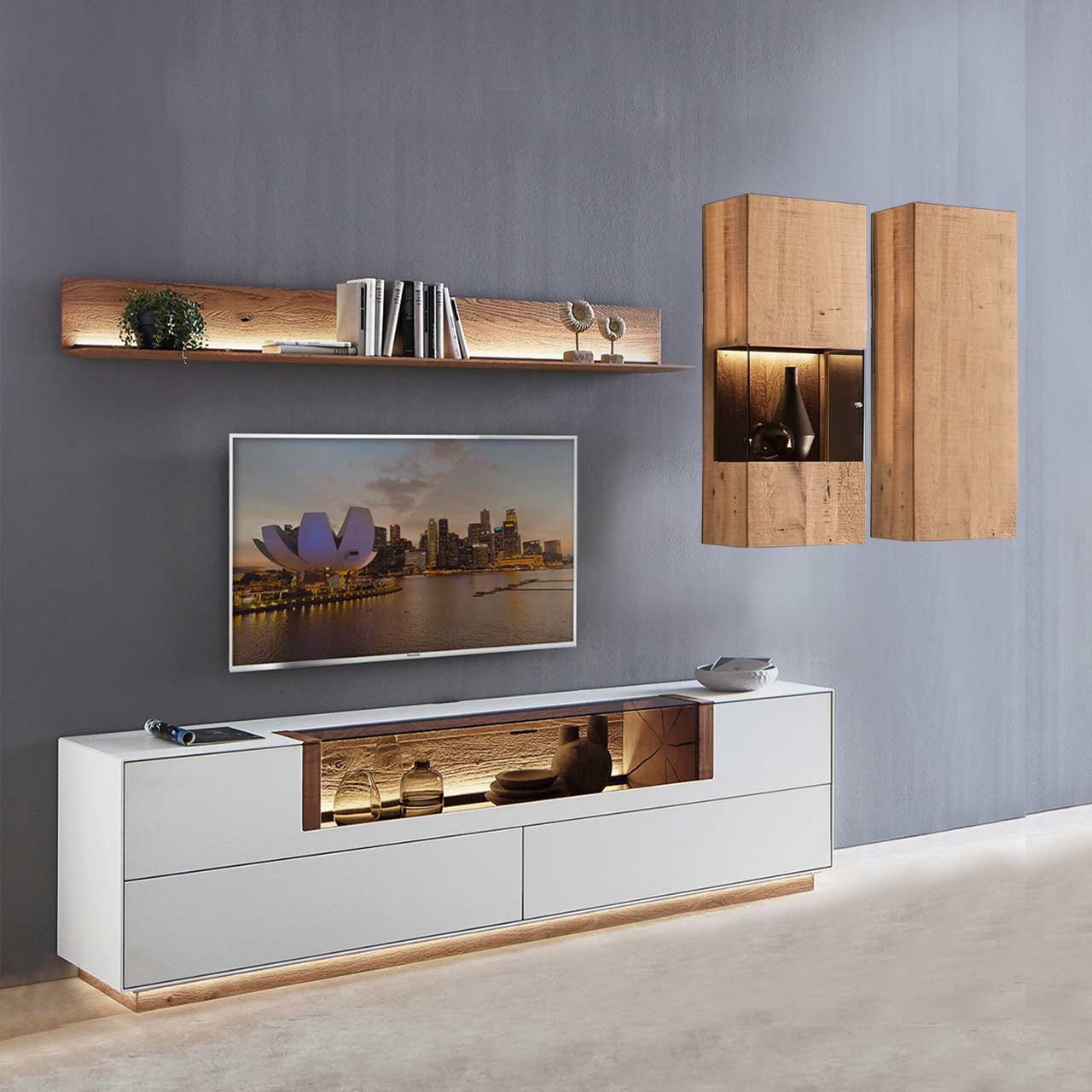 hartmann_BENJO_7220W_Wohnwand_26 Wohnwand mit Materialmix aus Lack weiß und purem Massivholz