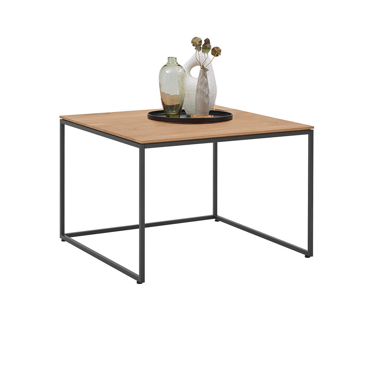 Moderner Couchtisch mit quadratischer Holztischplatte und filigranem Metallgestell in Anthrazit in Seitenansicht.